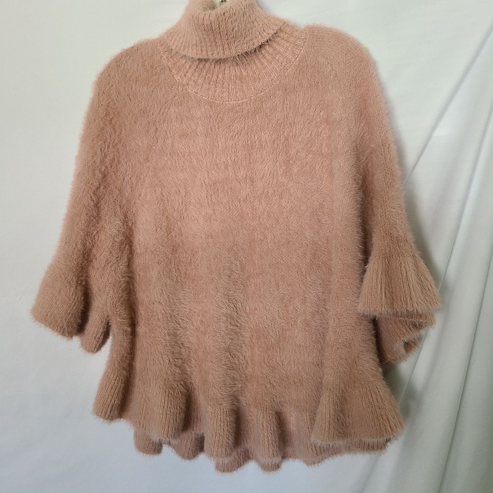 Anthropologie Light Blush Pink Eyelash Knit Ruffled Turtleneck Poncho O/S